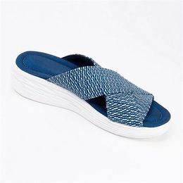 Women Flat Slippers Slides Wedge Heels Sandals Fashion Knit Cross Sandal Summer Blue Green Outdoor Beach Flip Flops EU35-44 007