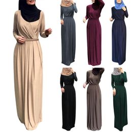 Casual Dresses Women Arab Muslim Long Sleeve Maxi Dress Solid Color Folds Wrap Front Self-Tie Abaya Dubai Turkey Hijab Robe Kaftan Femme