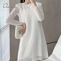Spring Autumn Women White Lace Long Sleeve Polka Dot Casual Party Mini Dress 210415