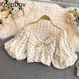 Korobov New Summer Sweet Chic Women Blouses Korean Square Collar Puff Sleeve Crop Shirts Polka Dot Chiffon Blusas Mujer 210430