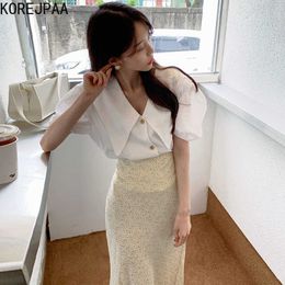 Korejpaa Women Sets Summer Korean Chic Sweet Fresh Temperament Lapel Loose Puff Sleeve Shirt High Waist Small Floral Skirt 210526
