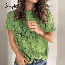 Casual Loose Green Short Sleeved Fashion Summer Women Tops Solid Flower Hollow O-neck Office Ladies T-shirt 210414