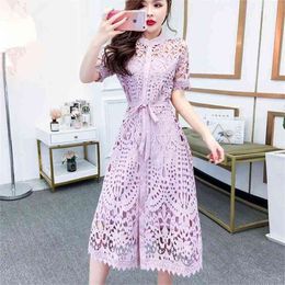 Hollow out lace dress Women o-neck high waist ruffled summer white Lady spring chic slim fit party vestidos 210603