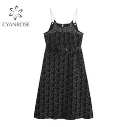 Spaghetti Strap Dresses Women Sleeveless Streetwear A-Line Vestidos High Waist Belt Summer Harajuku Black Mujer 210515