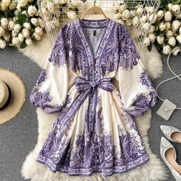 SINGREINY Women Retro Print Dress Chic Puff Sleeve V Neck Belt Single Breasted Dress Spring Court Wind Streetwear Dress 210419