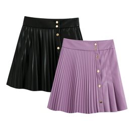 Fashion artificial leather women's Mini Striped button A-line short skirt High Street Black autumn 210414