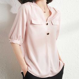 Korean Chiffon Women's Shirt Blouses for Women Half Sleeve Solid Shirts Female Top White Button Oversize OL 210604