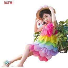 Summer Girls Rainbow Dress Sundress Kids Sling Dresses for Girl Teenager Party Princess Dress Carnival Costume Beach Clothing Q0716