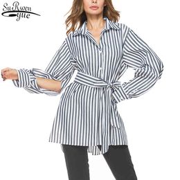 Fashion Women Blouses Striped Long Sleeve Autumn Blouse Single-breasted with Belt Office Lady Style Shirts 10300 210427
