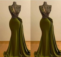 Olive Green Evening Dresses African Plus Size Mermaid Sparkly Sequins High Neck Sweep Train Satin Prom Party Gown Formal Occasion Wear vestidos 2022 Desinger