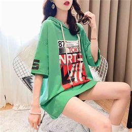 Summer Korea Fashion Women Short Sleeve Loose Long Print Tshirt Cotton Casual Hooded Tee Shirt Femme Tops Plus Size M02 210512