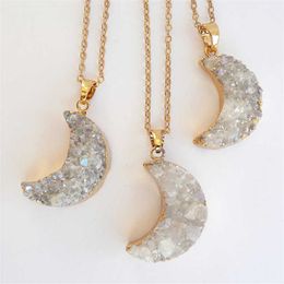 WT-N541Wholesale Natural crystal quartz angel druzy crescent moon necklace with gold dipped fashion women crescent moon necklace X0707