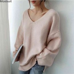 Spring Autumn Women Loose Sweater Casual Ladies Jumper Long Sleeve V-neck Kintted Pullover Tops Sexy Korean 210513