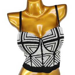 Hand-made Luxury Black and White Pearls Women's Bustier Push Up Bra Cropped Tops Nightclub Party Vest Corselets Bralette X0726