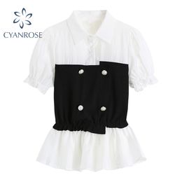 Korean Style Patchwork Chiffon Blouse Fashion Office Lady Puff Short Sleeve Shirt Top Summer Casual All-match Clothes 210417