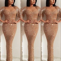 2021 Rose Gold Arabic Sexy Bling Sequins Lace Prom Dresses Illusion Jewel Neck With Tassels Mermaid Sequined Floor Length Formal Evening Gowns