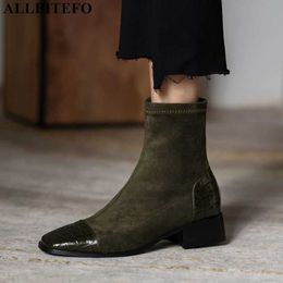 ALLBITEFO square toe genuine leather thick heels low-heeled women boots brand high heels women heels ankle boots for women 210611