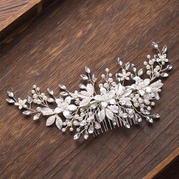 Silver Colour Flower Pearl Rhinestone Comb Wedding Accessories For Women Bride Tiara Headband Hair Jewellery