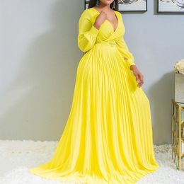 Women Maxi Pleated Dresses High Waist with Belt V Neck Elegant Party Dress Long Lantern Sleeves Autumn Fashion Yellow Vestidos 210416