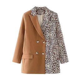 Elegant Women Leopard Print Jacket Fashion Ladies Notched Collar Blazers Streetwear Female Chic Pocket Patchwork Coats 210427