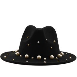 Women Men Wool Fedora Hat With Big Pearl Gentleman Elegant Lady Winter Autumn Wide Brim Church Panama Sombrero Jazz Cap