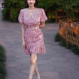 DEAT Women Pink Printing Lace A-line High Dress New Peter Pan Collar Short Puff Sleeve Slim Fit Fashion Tide Summer 7E8342 210428