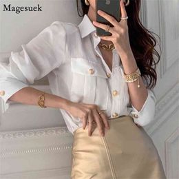 Spring Fashion White Shirt Blouse Frauen Langarm Turn-Down-Kragen Chic Shirts mit Knöpfen Büro Dame Tops 13252 210512