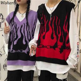 Sleeveless Knitted Sweater Tank Women Vest Vintage Flame Jumper Harajuku Streetwear Casual Woman Man Gilet Korean Fashion 210519