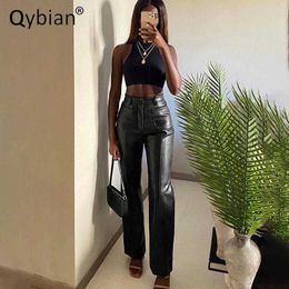 Fashion New Women Slim Casual Double Pocket Leather Pants Women Pu Leather Trousers Q0801