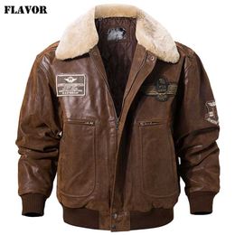 Flavour Men's Real Leather Bomber Jacket with Removable Fur Collar Genuine Leather Pigskin Jackets Winter Warm Coat Men 211008