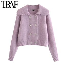 TRAF Women Fashion Rhinestone Buttoned Knitted Cardigan Sweater Vintage Long Sleeve Female Outerwear Chic Tops 210415