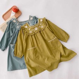 Autumn Korean Style Girls Long Sleeve Princess Dress Embroidery Square Collar drsses For Baby Cute Kids dress 210615