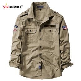 Autumn Spring Men Military Casual Style 100% Pure Cotton Khaki Long Sleeve Shirt Male Army green Shirts Black Blue Tops 210628