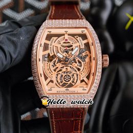 42mm Men's Collection Revolution 3 V45 SC DT Watches Skeleton Dial Automatic Mens Watch Full Rose Gold Diamond Case Brown Leather Rubber Strap HWFM Hello_Watch