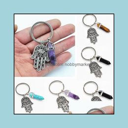 Key Rings Jewelry Fashion Keychain Hand Of Fatima Charm Blue Evil Eye Hamsa Hands Pendant Handbag Charms Natural Stone Keyring Chains Holder