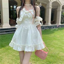 Summer Fashion Strapless Bow Front Lace Strap Cute Mini Dress Women Clothes for 210529