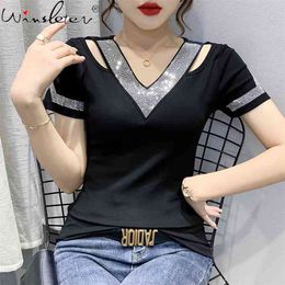 Summer European Clothes Solid Cotton T-Shirt Sexy Hollow Out Shiny Diamonds Women Tops Short Sleeve All Match Tees T14308A 210421