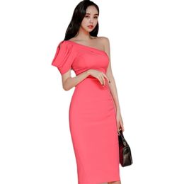 One shoulder tight Dress korean ladies Sexy Summer Office Red party Sheath for women 210602
