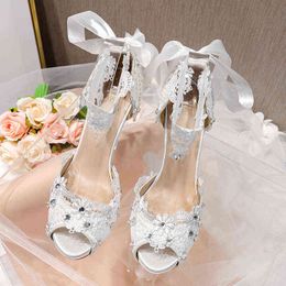 Sandals High Heels Shoes Women Sandals Designer Stiletto Rhinestones From White Thin Summer Dress Silk Belt Ladies Pumping 220121