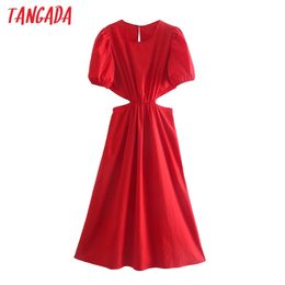 Fashion Women Red Cut-out Dress for Summer Short Sleeve Ladies Backless Bow Midi Robe JE62 210416