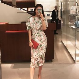 summer fashion Temperament women Vestidos O-neck short sleeve Print Bag Hip Dress 210531