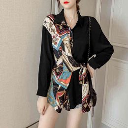 Black Printed Women Blouse Autumn Blusas Femininas Elegante Irregular Tops Long Sleeve Shirt Female 521C 210420