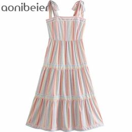 Fashion Rainbow Striped Tiered Dress Summer Sleeveless Tie Shoulder Shirred Back Women Casual High Waist Midi 210604