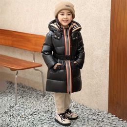 Winter children's down jacket Girls red fashionable waterproof Youth long warm thick coat Big kids winter clothes 211203