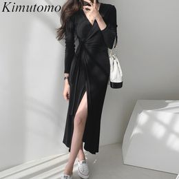 Kimutomo Korea Chic Knitted Dress Women French Style V-neck Cross Side Lace-up Slim Waist Long Sleeve Split Vestidos Elegant 210521