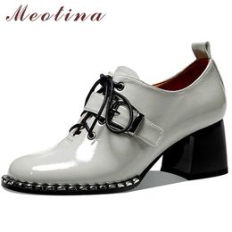 Meotina Women Shoes High Heels Zip Chunky Heel Pumps Buckle Cross Tied Dress Shoes Round Toe Ladies Footwear Spring Black 34-42 210608