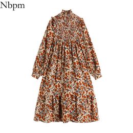 Nbpm Women Sweet Fashion With Vintage Elegant Floral Print Pleated Midi Dress Puff Sleeves High Waist Vestidos Mujer Chic 210529