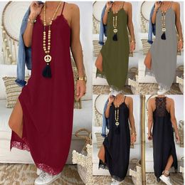 Oufisun Summer Boho Sexy Solid Lace Sleeveless Ankle-Length Sling Holiday Party Dress Womens Fashion Casual Beach Sundress 210517