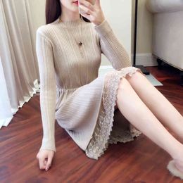 Autumn Winter Sweater Dress Women's Turtleneck Long Sleeve A Line thick Lace Knitted Bodycon Female Slim Girl es 210514