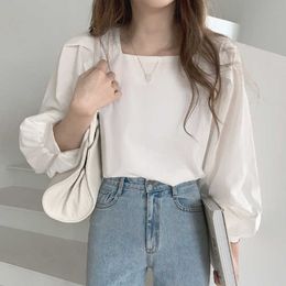 Korean Vintage Square Collar White Blouses Women Long Sleeve Loose Shirts for Women Clothing Female Tops Fashion 13958 210527